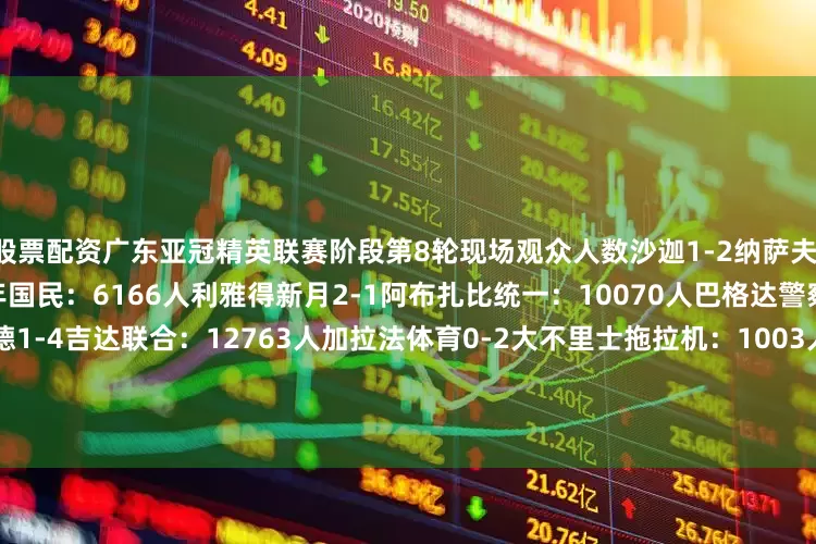 股票配资广东亚冠精英联赛阶段第8轮现场观众人数沙迦1-2纳萨夫：852人吉达国民4-3迪拜青年国民：6166人利雅得新月2-1阿布扎比统一：10070人巴格达警察3-2杜海勒：3452人萨德1-4吉达联合：12763人加拉法体育0-2大不里士拖拉机：1003人町田泽维亚3-2成都蓉城：3653人首尔2-2广岛三箭：7441人武里南联2-0上海申花：15971人柔佛新山1-0神户胜利船：31673人